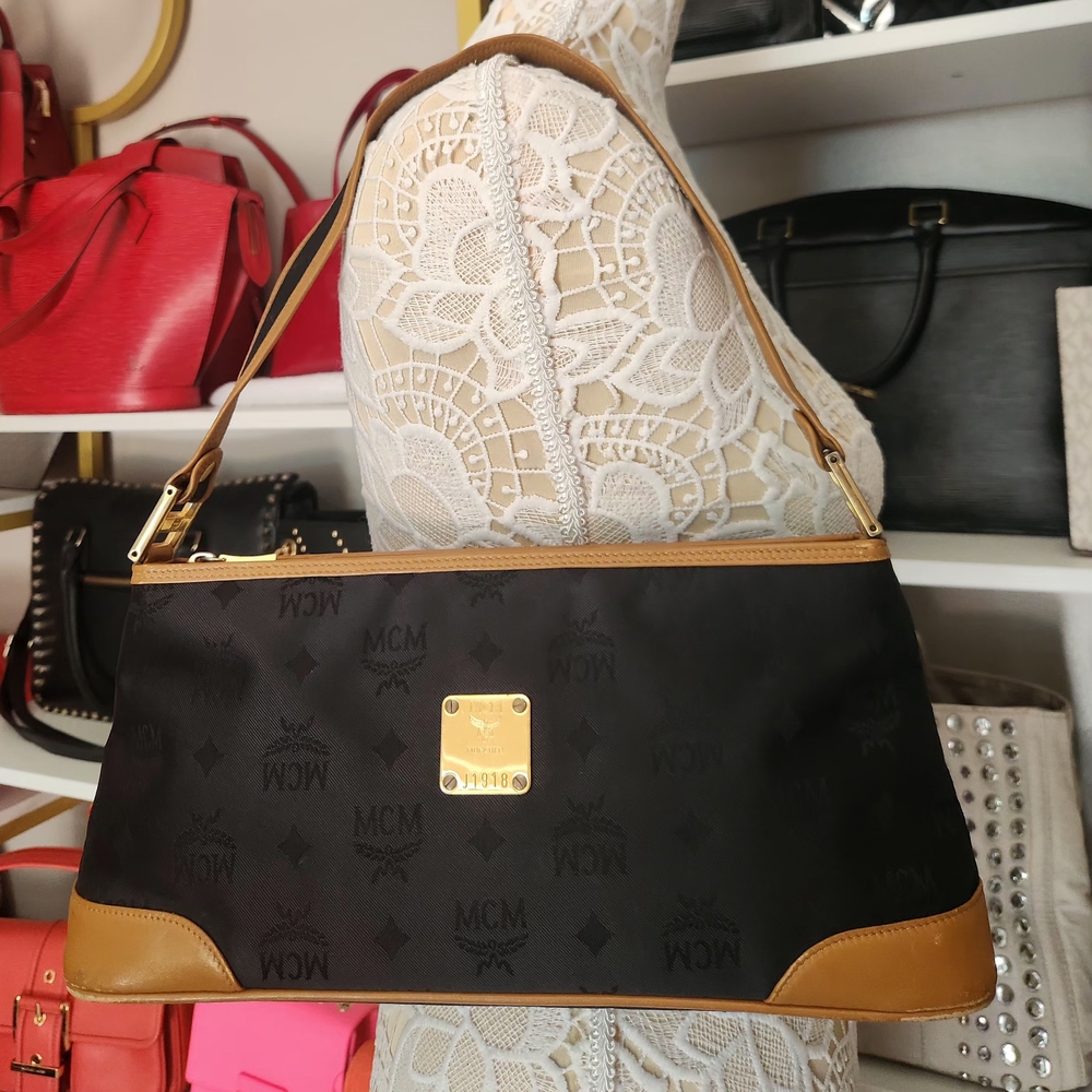 MCM Vintage Monogram Black & Cognac Leather Shoulder Bag